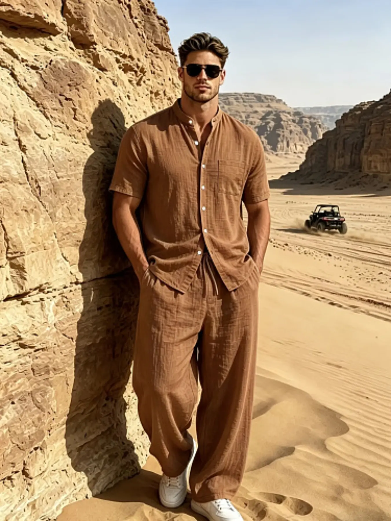 Summer Solid Color Linen Men's Two-Piece Set, Stand Collar Short Sleeve Shirt, Drawstring Long Pants, Trouser, Beach Vacation