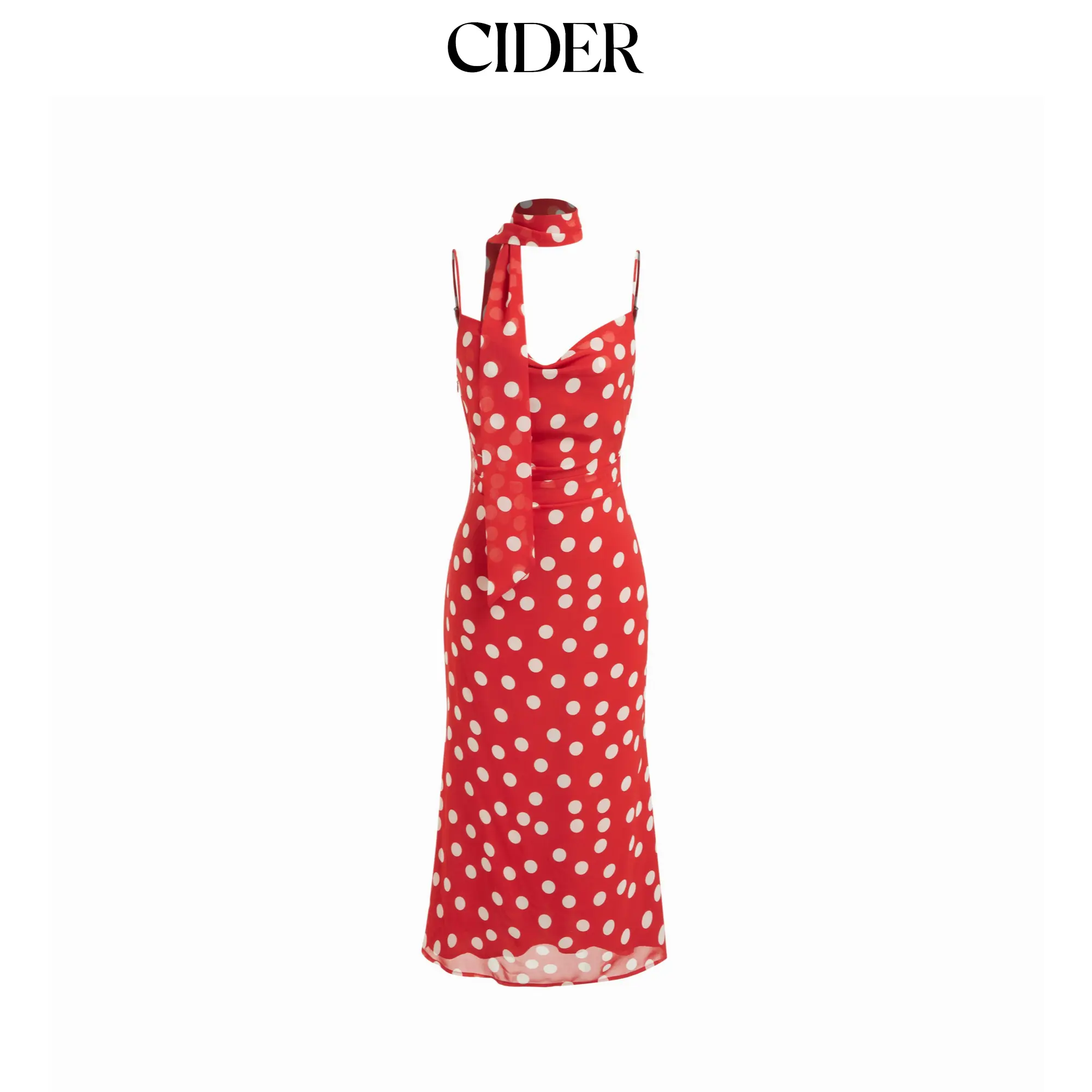 Cider Chiffon Polka Dot Cowl Neck Midi Dress With Scarf