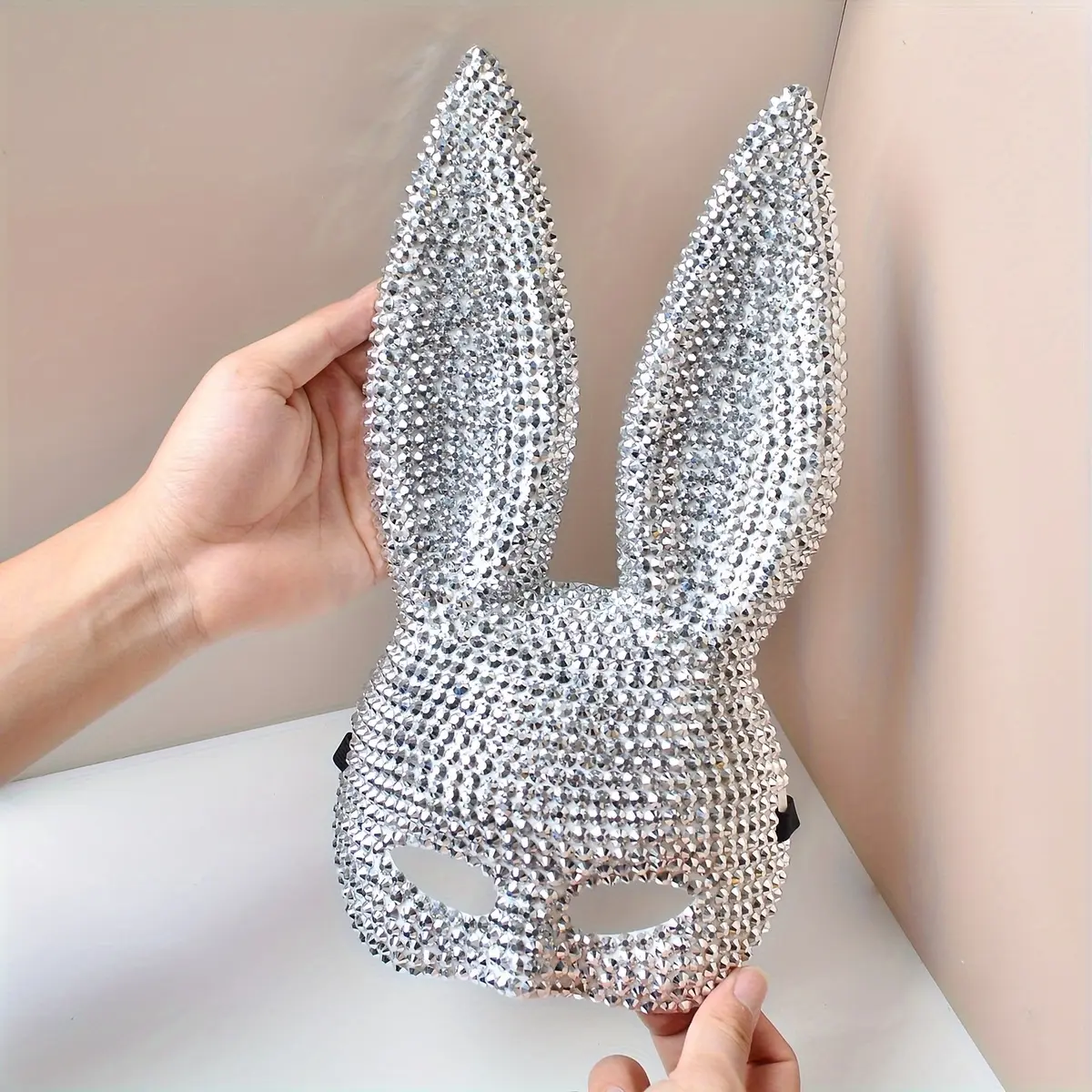 Sparkly Shiny Flashing Rabbit-Ear Mask, Rhinestone-Encrusted Festive Accessory for Masquerade Dance, Nighttime Events