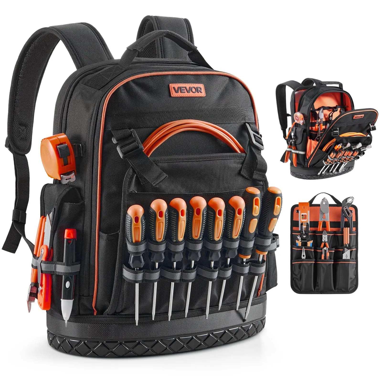 VEVOR Heavy-Duty Work Bag, 64 Pockets, 1680D Polyester Oxford Fabric, PVC Plastic Molded Base, 14.37x7.67x18.5 in/365x195x470 mm, 5.31 lbs, 70 lbs Capacity, Storage Organizer with Laptop Compartment for Electricians, Tool Backpack, 365X 195X 470 Mm