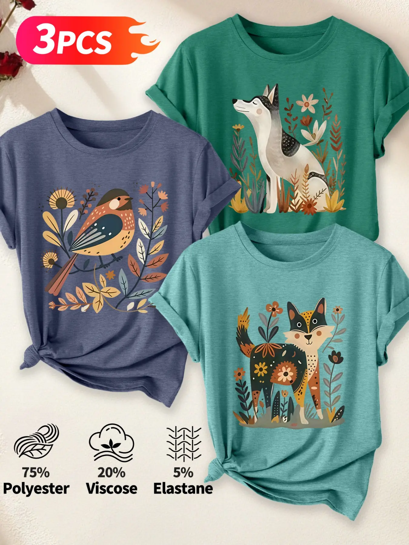 3Pcs Women Crew Neck T-shirt, Folk Style Bird Husky Fox Forest Retro Cartoon Animal Print, Lightweight Soft Summer Casual T-shirt