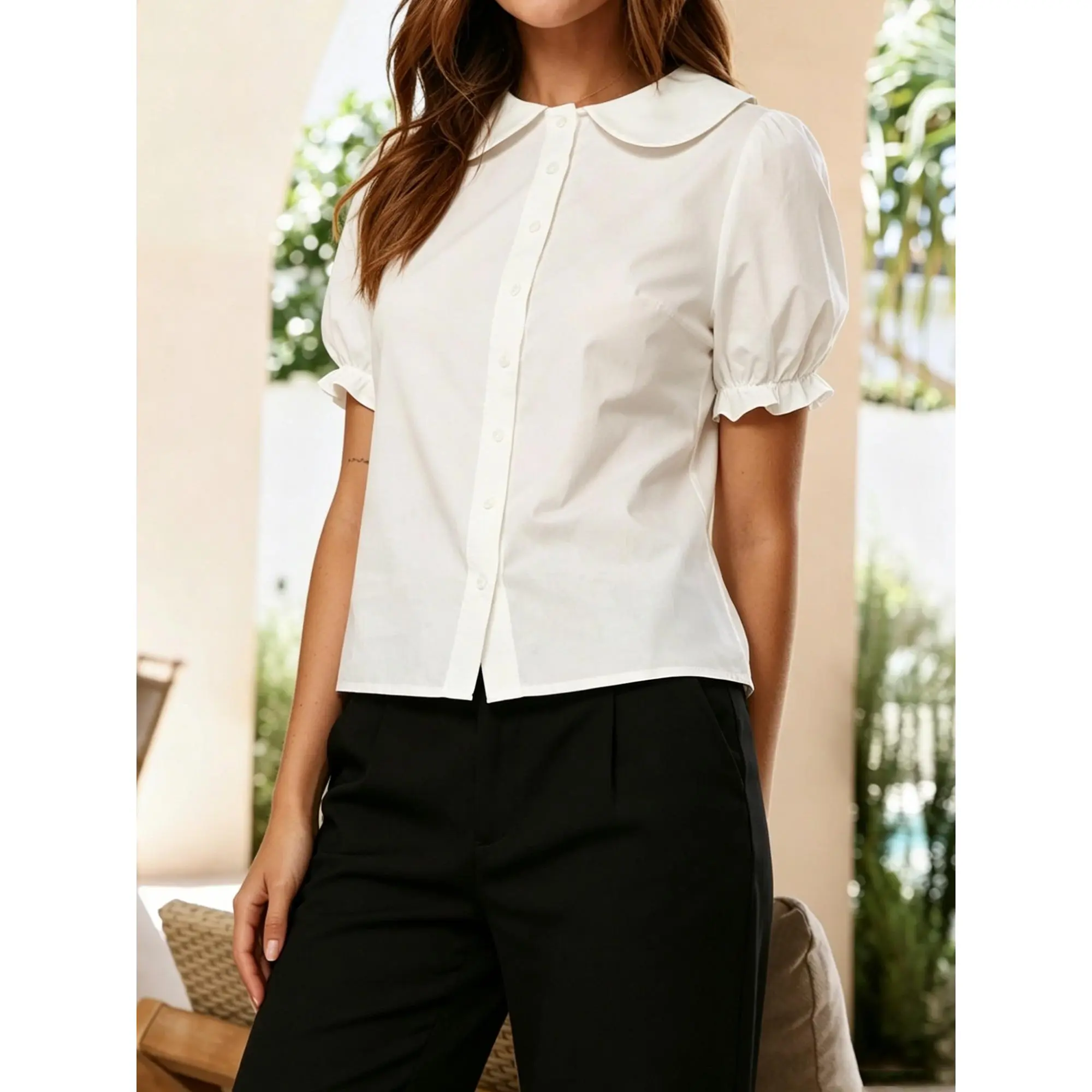 y2k Shirt Tops Women Summer Stylish Solid Doll Collar Bubble Short Sleeve Button Down Blouses