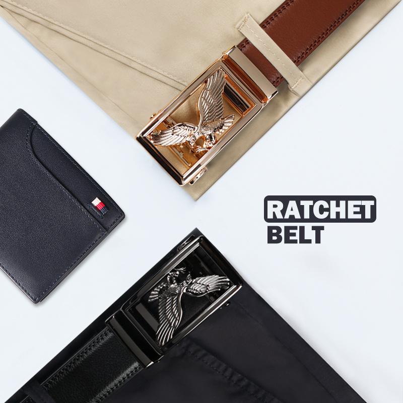 Men's Genuine Leather Belt 2-Piece Set with Automatic Ratchet Buckle Adjustable Comfortable Fit for Business & Casual Wear Perfect Christmas Gift