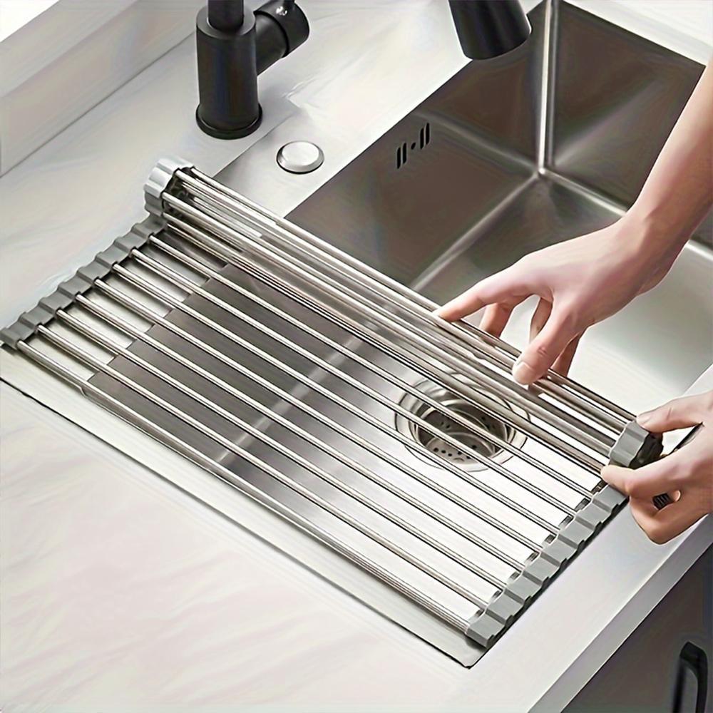 Stainless Steel Silicone Roll Up Over The Sink Dish Drying Rack, 1 Count Multifunctional & Portable Kitchen Drainer Rack, Dish Drying Organiser, Kitchen Accessories
