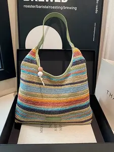 Fashionable Casual Colorful Striped Straw Shoulder Bag For Women Boho Style Crossbody Summer Beach Tote Crossbody Bag Boho Shoulder Bags