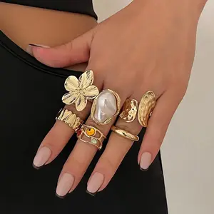 New Unique Design Liquid State Lava Flower Open Mouth Rings for Wonen Baroque Pearl Combination Ring Six-Piece Rings Set Jewelry