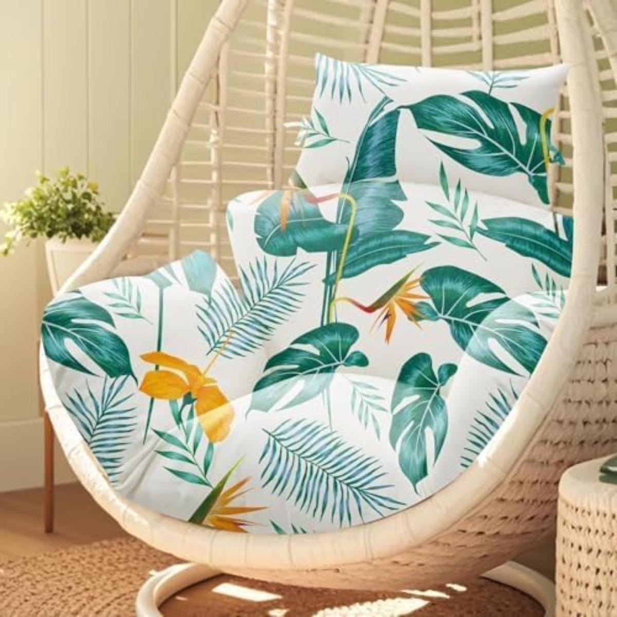 Waterproof Egg Chair Cushion Replacement 47x31.5x4.7 inch Thicken Hanging Egg Swing Chair Cushion IndoorUthem Outdoor Wicker Rattan Hammock Basket Cushion with Headrest Pillow, Yellow-Green Leaf