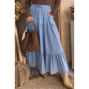 Women's Elastic Waist Pleated Tiered Flowy Maxi Skirt Retro Chambray Denim Long Skirt Elegant