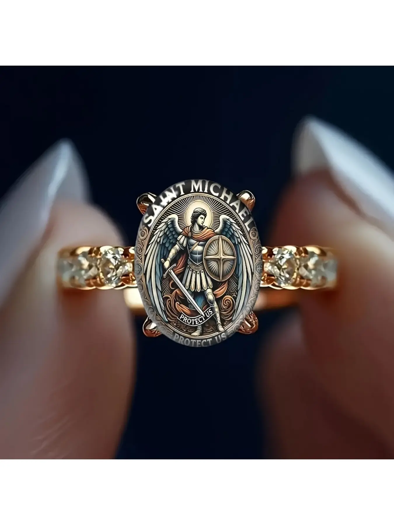 Retro oval angel figure art print ring, a ladies' jewelry with a side-set diamond, symbolizing protection, featuring a light luxury style