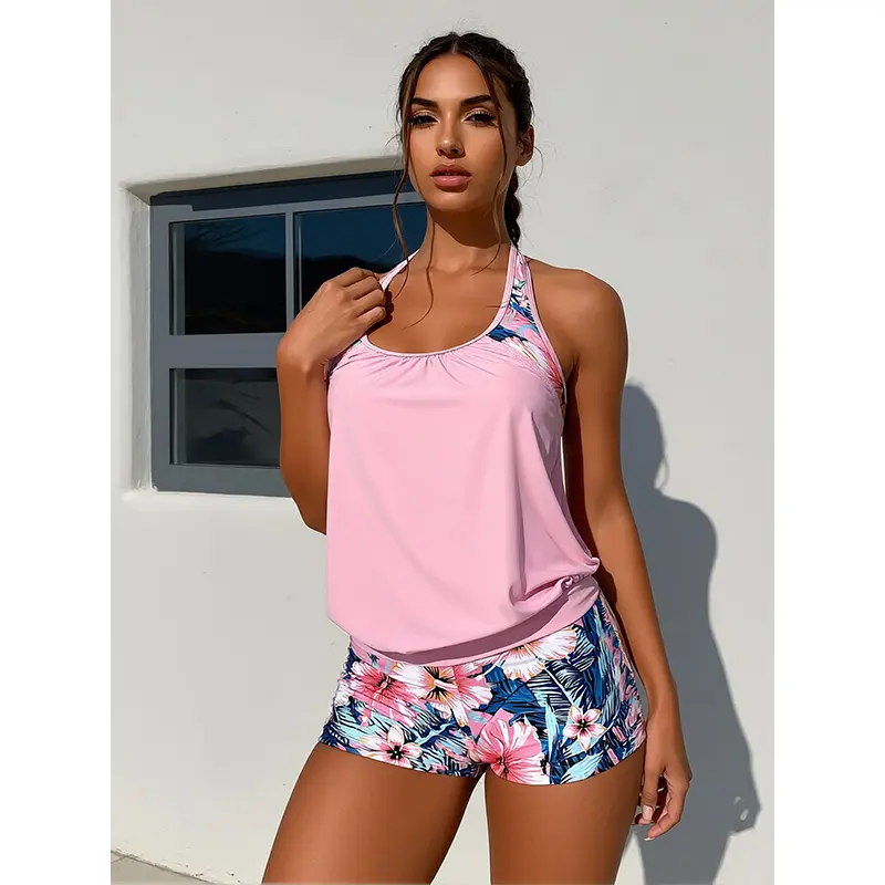 Women's Plus Size Curvy High-Waist Tankini Swimwear, Summer 2-Piece Casual Beach Bathing Suit with Top & Swim Shorts, Slimming Abdomen-Taming Elastic Design, American Style Versatile Swimwear
