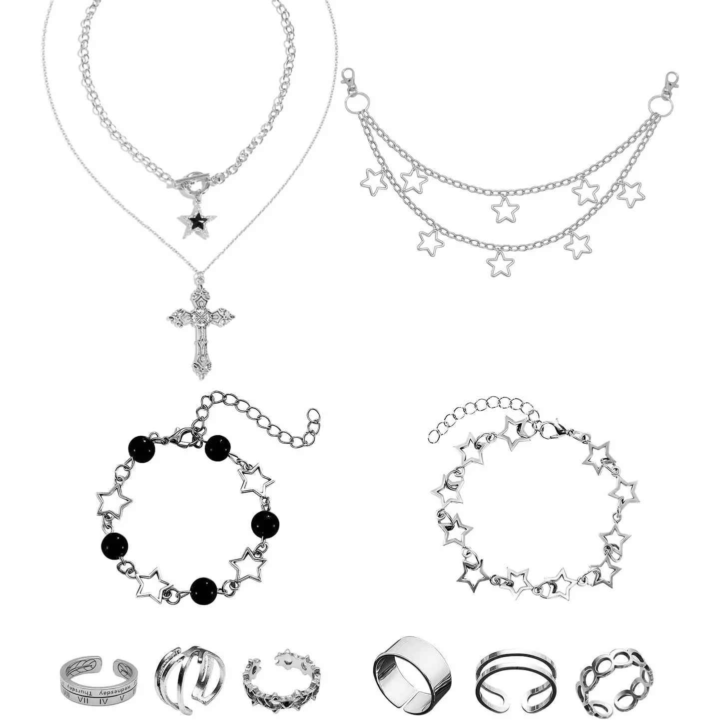 12 count Y2k Accessories Set Grunge Layered Necklace, 3  Chains with 6 Rings    for Women