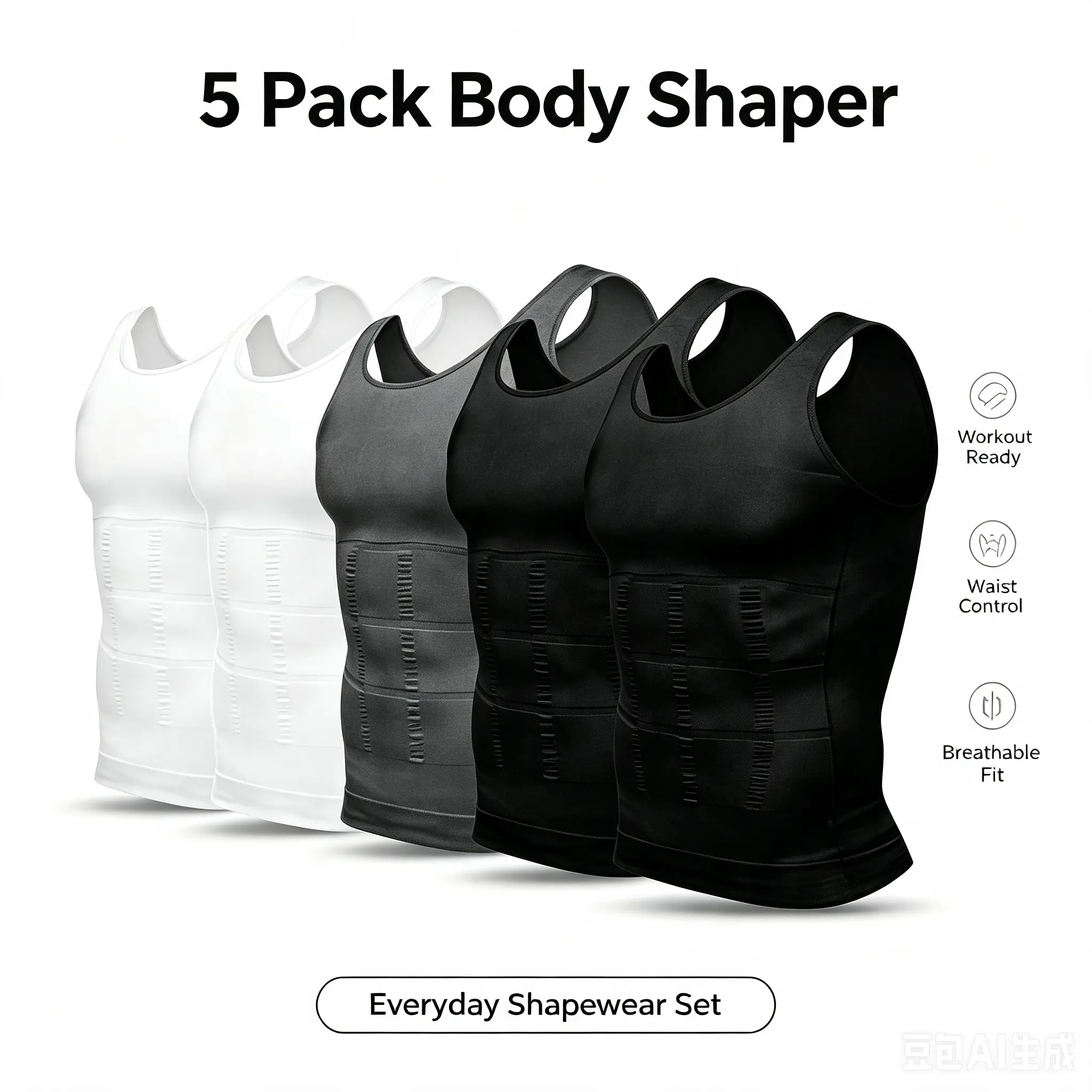 Men Compression Slim Body Shaper Tank Top 5 Pack, Premium Tummy Control Undershirt, Great Holiday & Birthday Gift for Men, Fitness Shapewear Vest