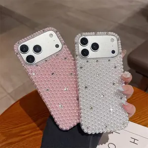 Luxury Solid Colors Full Screen Pearls Bling Diamonds Phone Case For iPhone 17 Air 16 13 14 15 12 11 Pro Max Shockproof Cover
