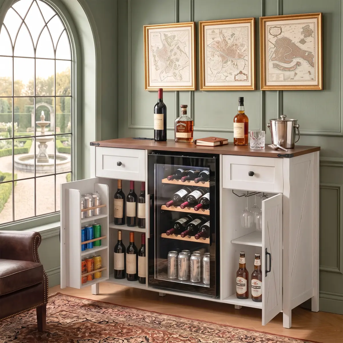 K&K 53.2" Farmhouse Fridge Cabinet with Power Outlet, Coffee Bar Cabinet with Storage Space, Mini Fridge Wine Cabinet with 2 Doors and 2 Drawers, Fluted Buffet Sideboard for Living Room, Kitchen White   WL