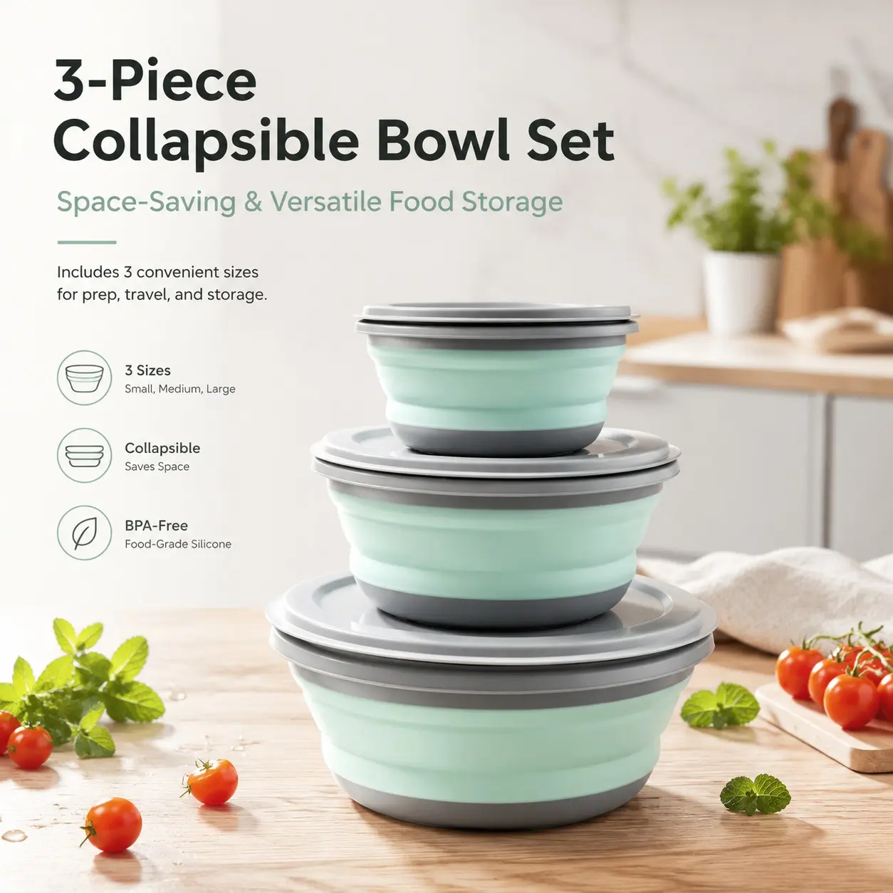 Three-Piece Foldable Silicone Bowl Set, BPA-Free Food-Grade Lidded Bowls, Space-Saving Portable Meal Prep Bowls for Camping Travel Kitchen