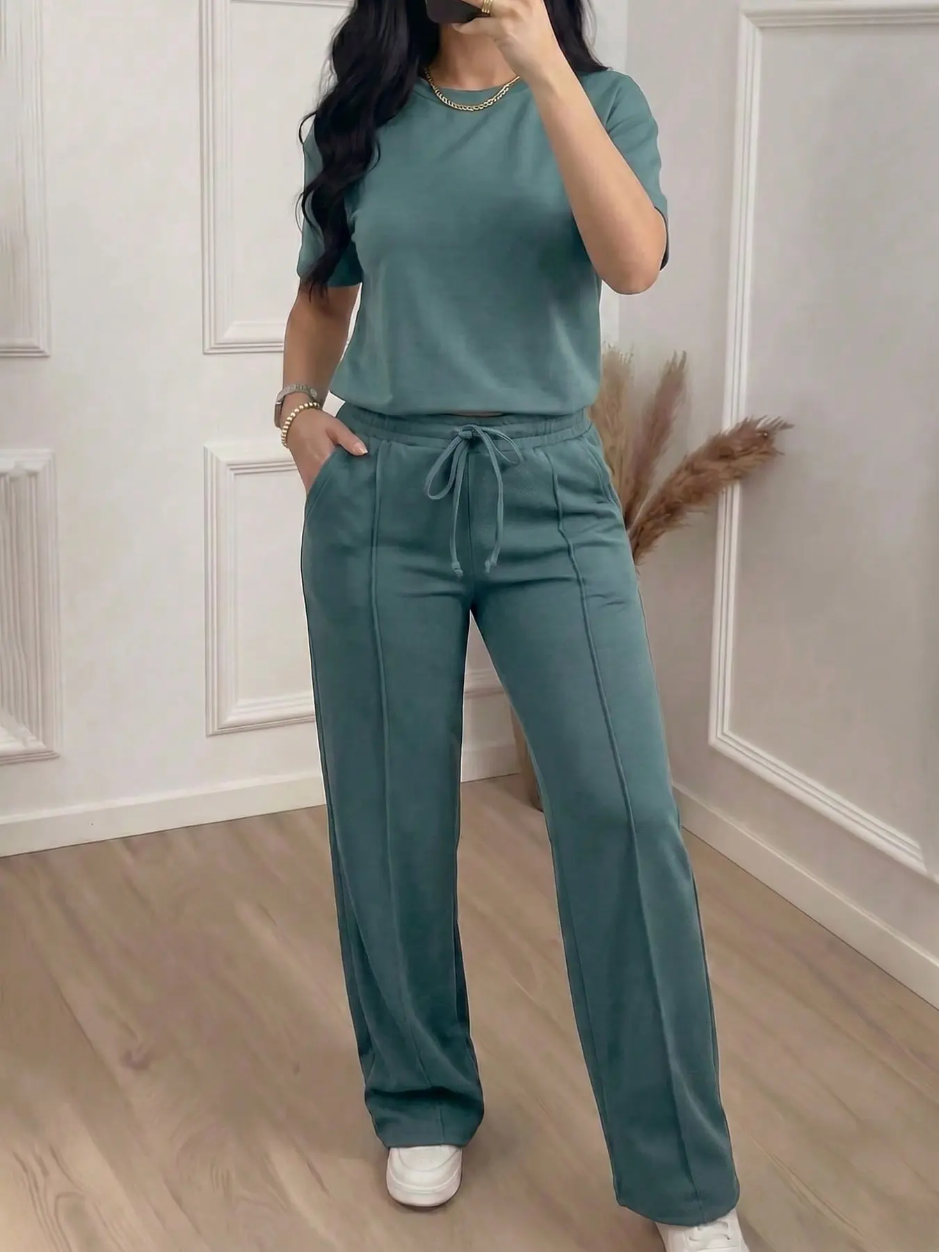 Women's Solid Round Neck Set, Summer Flowy Wide Leg Pants Two Piece Set, Loose Fit Slimming Casual Sportswear, Comfortable and Stylish, Sport Knit Set