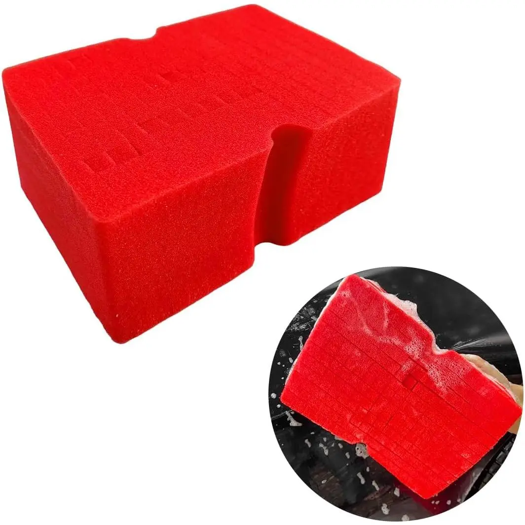Wash Sponge, Large Scratch-Free  Cut Sponge for Soap and Rinseless Washing, Durable Ultra Soft  Grid Extra Absorbent  Cleaning Sponge Pad,  Accessories (Red)