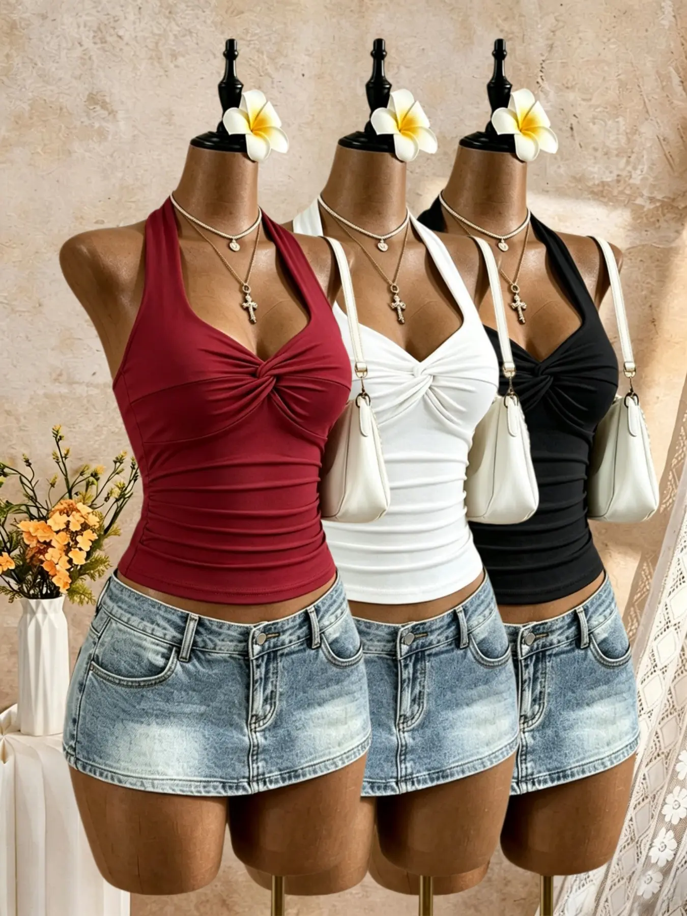 Women's Solid Halter Neck Top Set, Knot V-Neck Pleated Slim Fit Short Sleeveless Crop Top, Elastic Backless Shirt, Casual Style