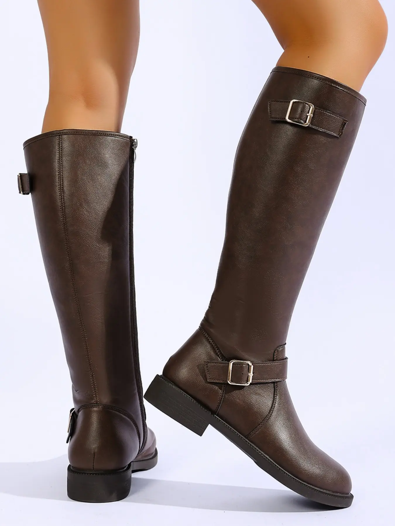 Women's Side Zipper High Top Boots, Low Heel PU Leather, Fall Winter, Retro Western Cowboy Boots, Slip-On, Anti-Slip, Trendy