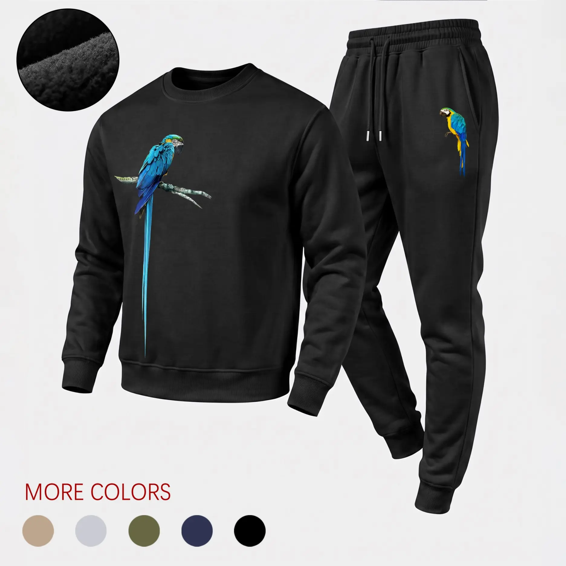 Men's Macaw Graphic Sweatshirt Set, Casual Polyester Long Sleeve Crewneck Pullover and Jogger Pants, Loose-Fit Lounge Wear for Travel & Daily Wear, Minimalist, Menswear