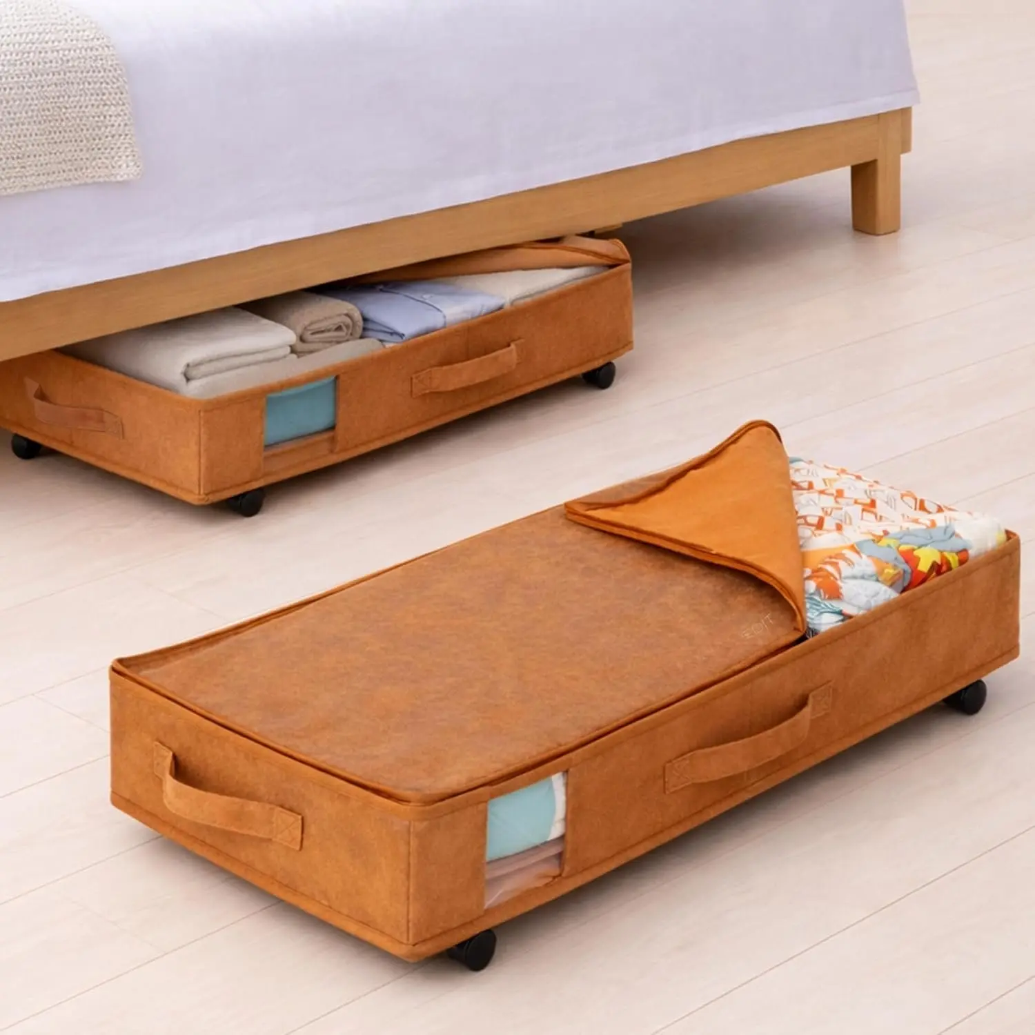 Vegan Leather Under Bed Storage with Wheels | Low Profile Rolling Storage Box with Metal Frame | Pull-Out Underbed Organizer for Clothes, Shoes & Books | Space-Saving Storage Solution