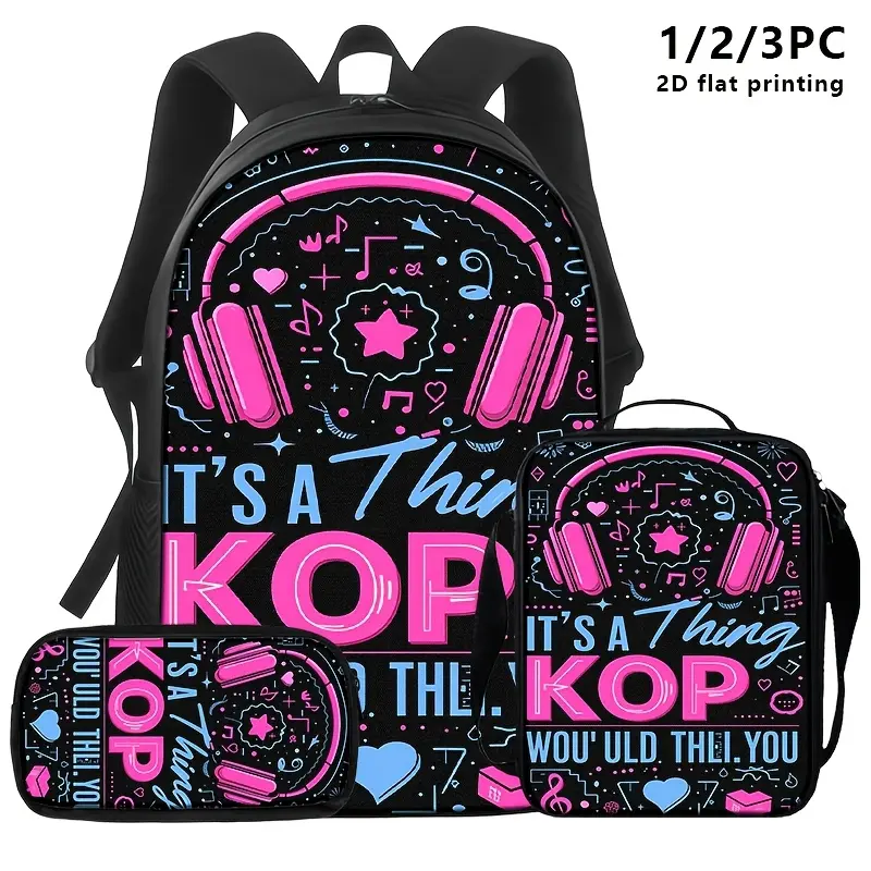 3Pcs Black Base Pink-Blue Print Backpack, Shoulder Bag, and Pencil Case Set, Featuring Pop Music Culture and K-Pop 'IT'THING KOP' Theme. Youthful and Avant-Garde Design Style, Anime-Themed Printed Backpack Set, Lightweight Travel Backpack