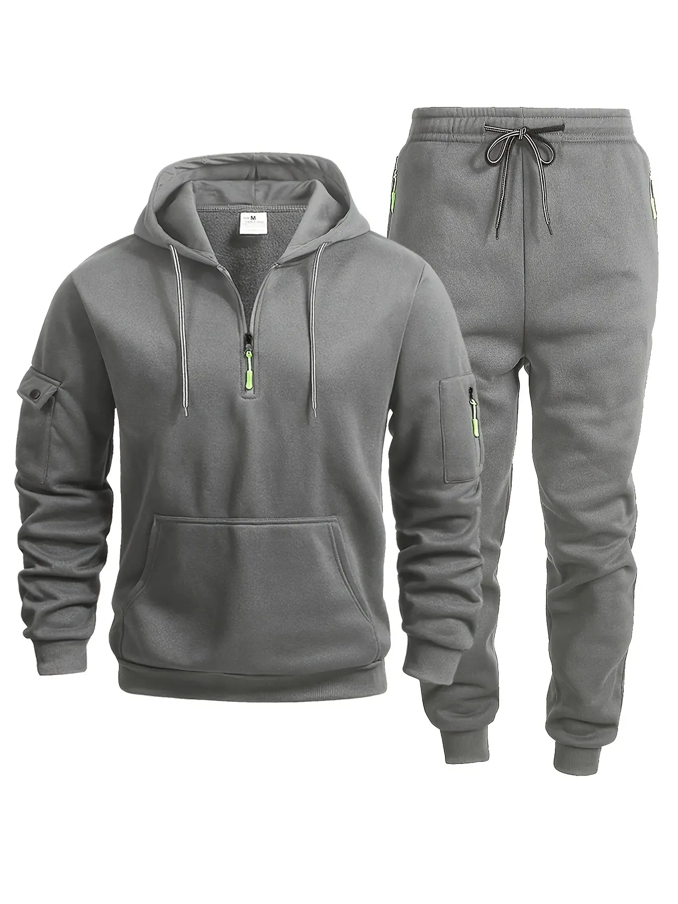 Men's Fall Winter Fleece Sweatshirt Set, Half-Zip Hooded Design, Cargo Sleeve Pockets, Drawstring Waist, Warm and Casual