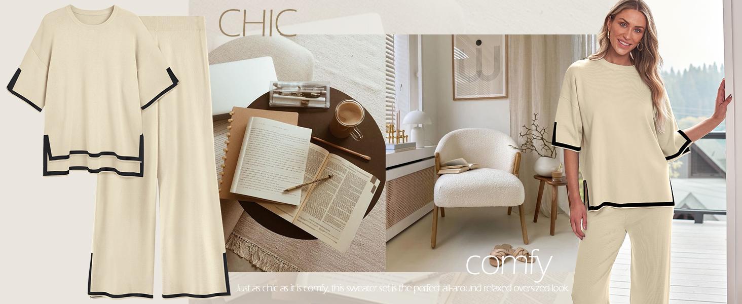 2 Piece Lounge Sets Women's Short Sleeve Knit Top Wide Leg Pants Sets Soft Womenswear Oversized Stretchy Chic Comfortable Comfy Elastic Overalls Loungewear Homewear