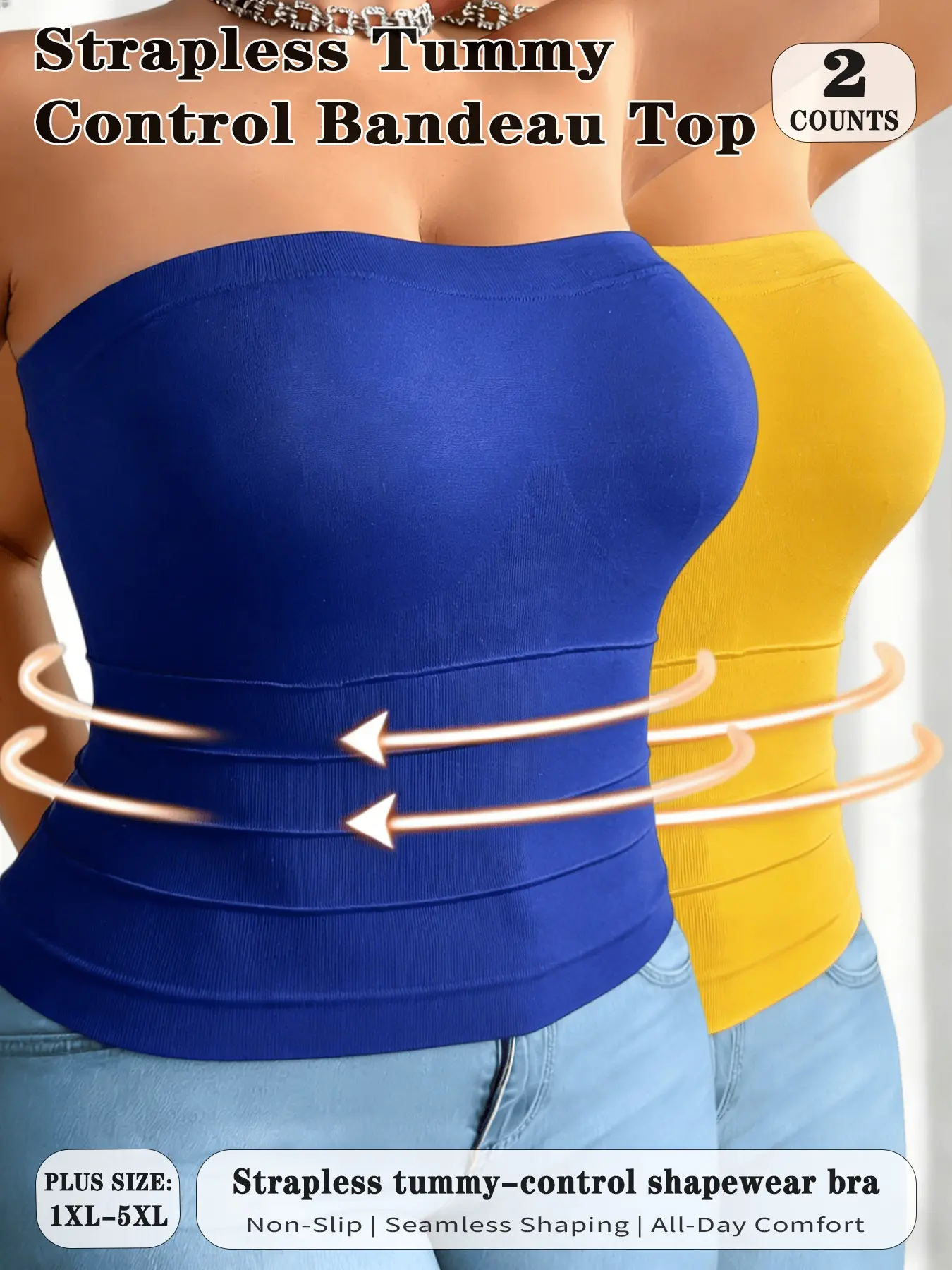 2PCS  Plus Size Strapless Shapewear Tops, Waist Cinching Belly Control, Invisible Seamless Design, Pair with Low Neck Tops