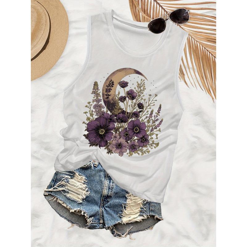 Women's Round Neck Armless Tank Top - Grey Purple Floral Crescent Moon Print Soft Fabric, Lightweight Breathable, Denim-Inspired Accents, Machine Washable, Ideal for Summer Beach/Gym, Boho Hippie Camis for Skirt Pairing