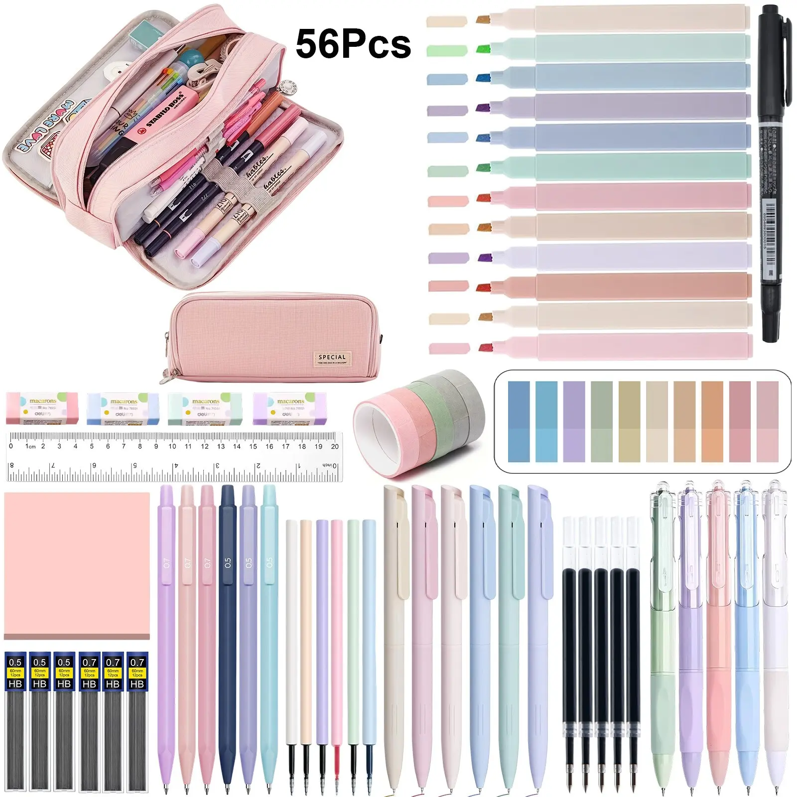 56pcs Stationery Set, Pastel Aesthetic, Large Capacity Pencil Case, Mechanical Pens, School Supplies Kit, Back to School Gift