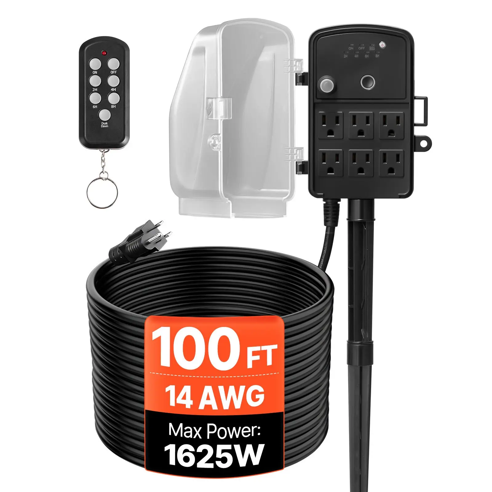 VEVOR Outdoor Weatherproof Power Stake, 100FT Extension Cord, 6-Outlet Power Strip with Cover, Remote Control Dusk-to-Dawn Light Timer, 1625W/13A, for Lighting, Plug-In Devices, Christmas Lights