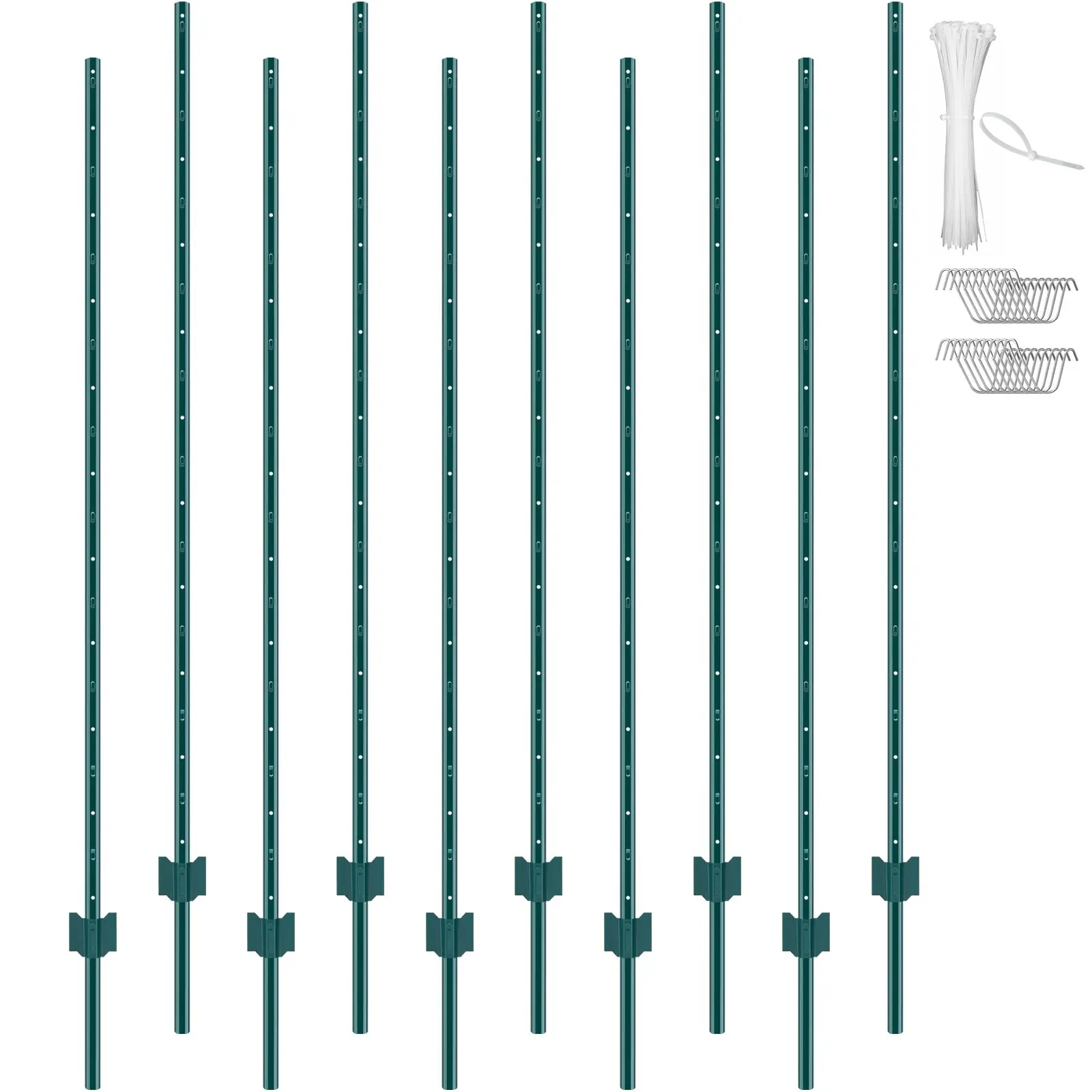VEVOR 10-Pack 6ft Height U-Channel Heavy Duty 2 mm Carbon Steel Fence Posts, Rust Resistant Outdoor Gardening Support, Metal Stakes for Farms, Wire Fencing, Green