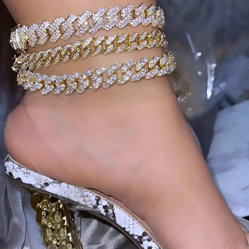 Women's Flatfoosie Iced Out Chunky Cuban Chain Link Anklets, Trendy Jewelry, Fashionable Elegant Accessory, Luxury Rhinestone Beach Barefoot Costume Fashion Accessories, Fashionable Accessory