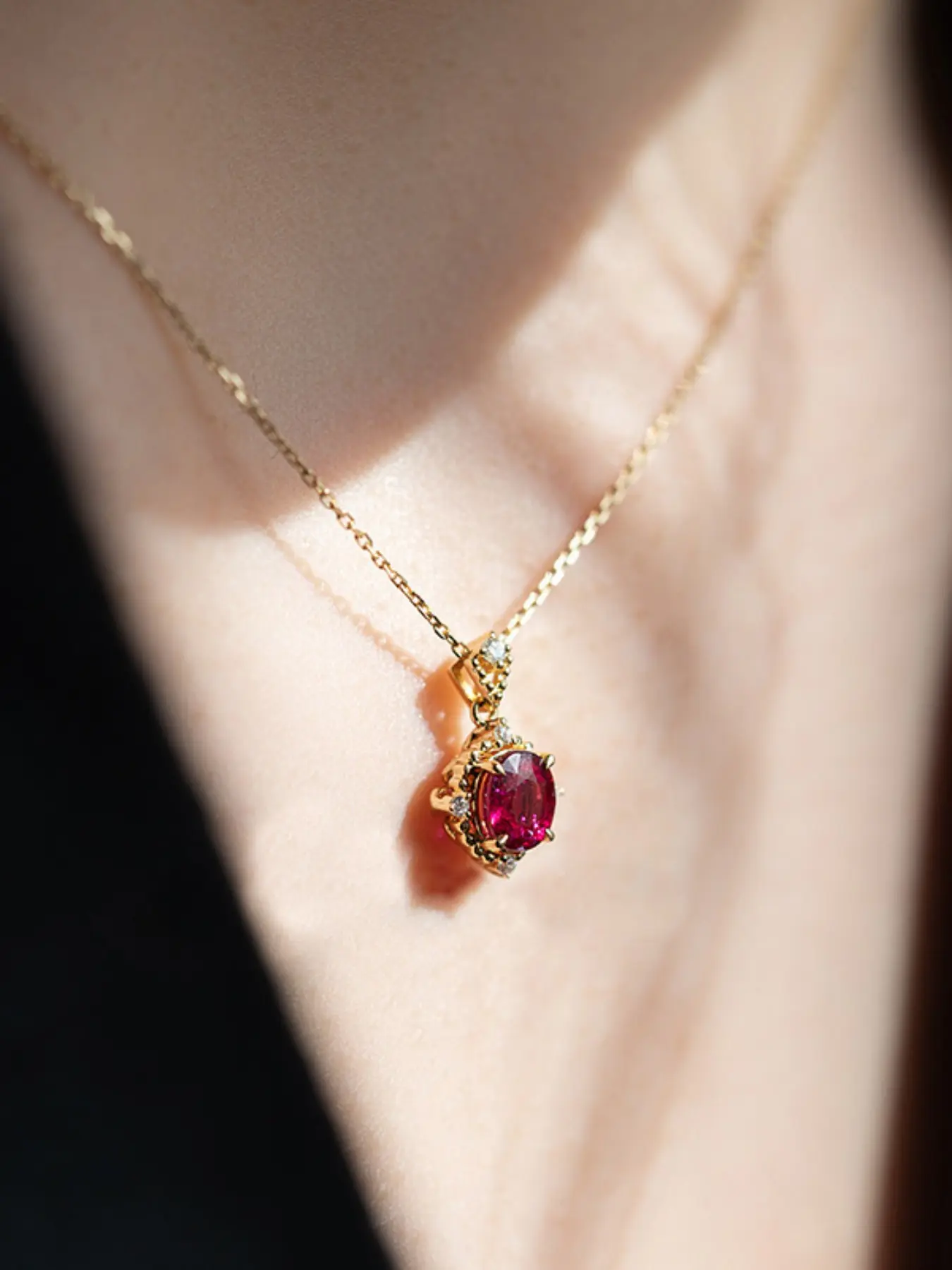 Vintage Oval Created Ruby Pendant Necklace for Women, 14k Halo, Small Cz Accent, Dainty Chain, Elegant Jewelry Gift