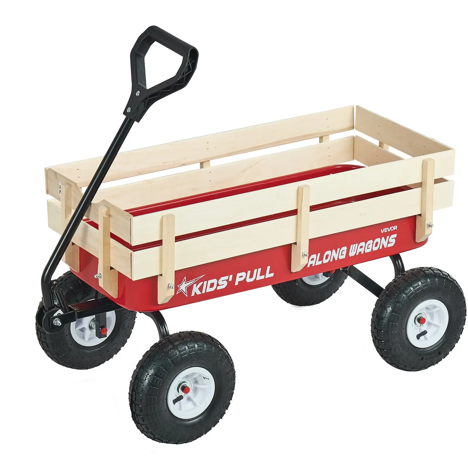 VEVOR Pull-Along Wagon for Kids, 39 inch Toddler Wagons with Wooden Panels Handle, Supports up to 330 lbs, All-Terrain Utility Wagon Cart Birthday Present for Kids Gardening Beach, Red