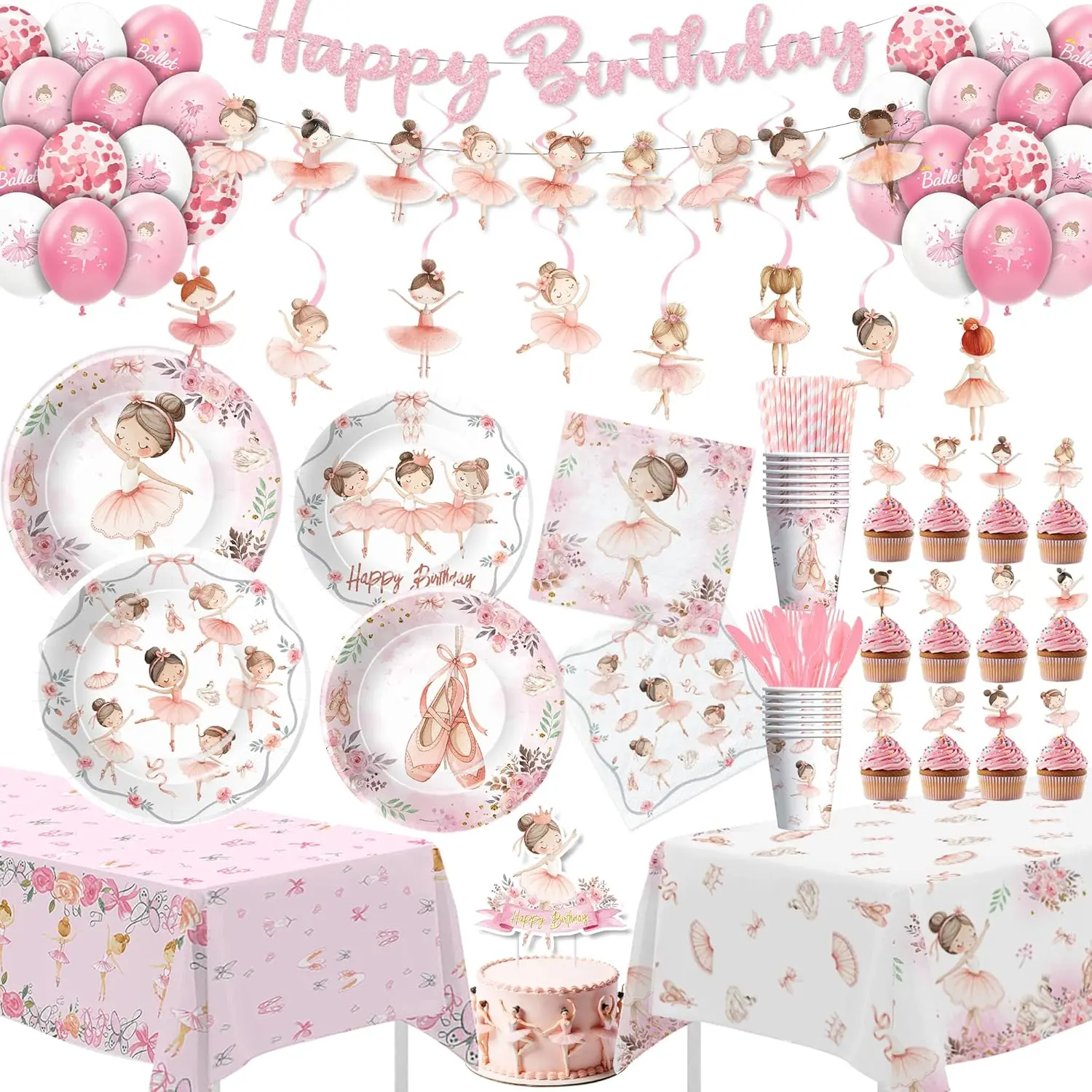 Pink Ballet Party Style Set - Srua Don Ballerina Party Supplies for Girls' Birthdays, Includes Pink Balloons, Garland, Floral Topper, Paper Plates, Cups, Napkins, Tablecloth, Cutlery, Banner, Serves 24, Pink Balloons Party Supplies