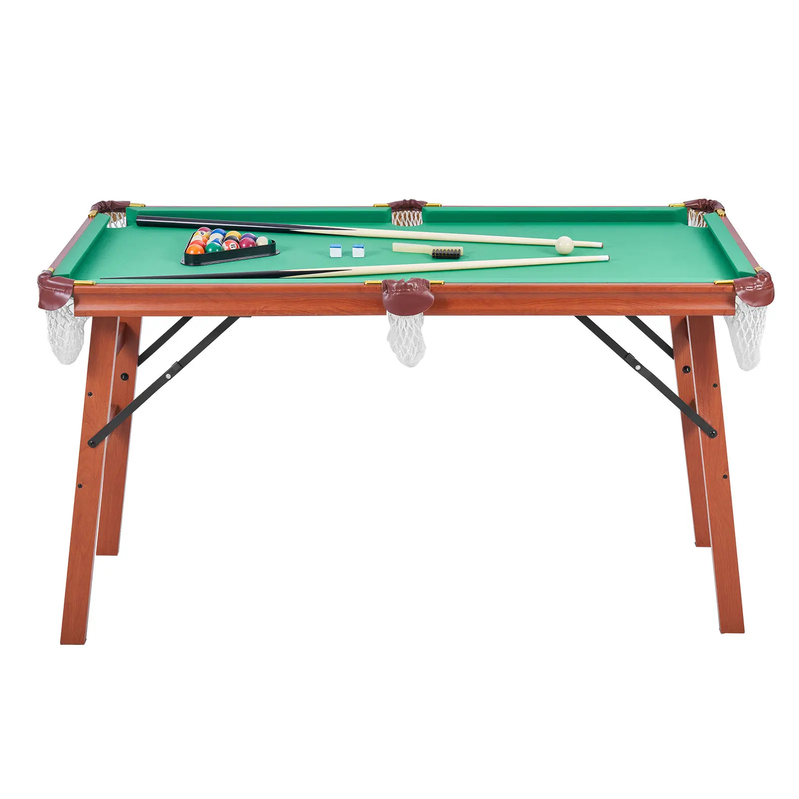 Folding Pool Table, 4.5 ft Portable Billiards Tables, Foldable Space-Saving Entertainment Game Set Includes Ball, Cue, Rack, Chalk, Brush, Brown with Blue Cloth, for Family Use, Recreation Room