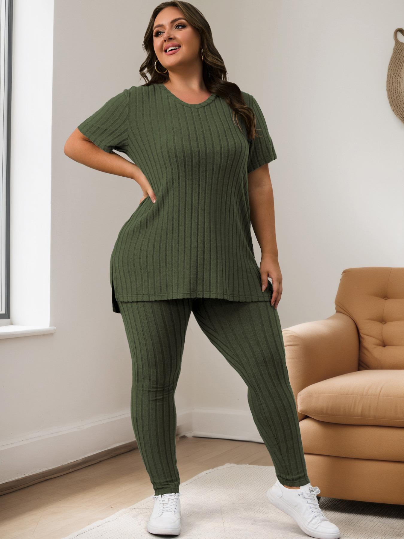 【Plus Size】 Solid Color Ribbed Tee & Elastic Waist Pants Set, Casual Fashion Cozy Two-piece Outfits for Daily Outdoor Wear, Women Clothing for Summer, Womenswear