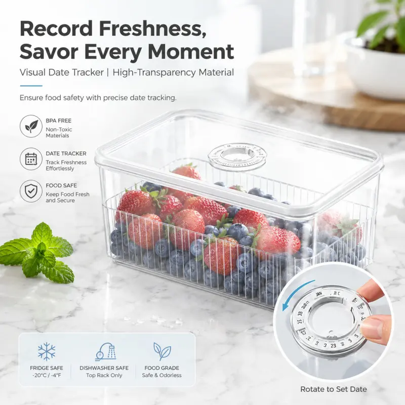3-Size Clear Transparent Food Storage Containers with Date Tracker, BPA-Free Leak-Proof Boxes for Fridge, Fruits, Veggies & Meal Prep