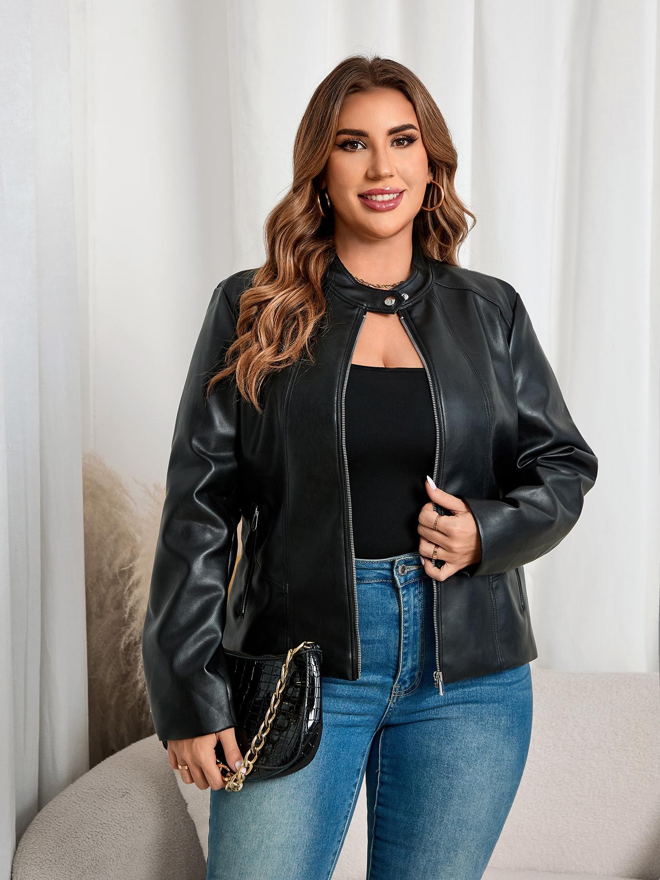Giolshon Women's Plus Size PU Leather Fitted Biker Jacket - Street Style Womenswear Tops with Zipper Pockets, Fall & Winter Fashion Outerwear, Spring & Fall Wear Fabric Outfits