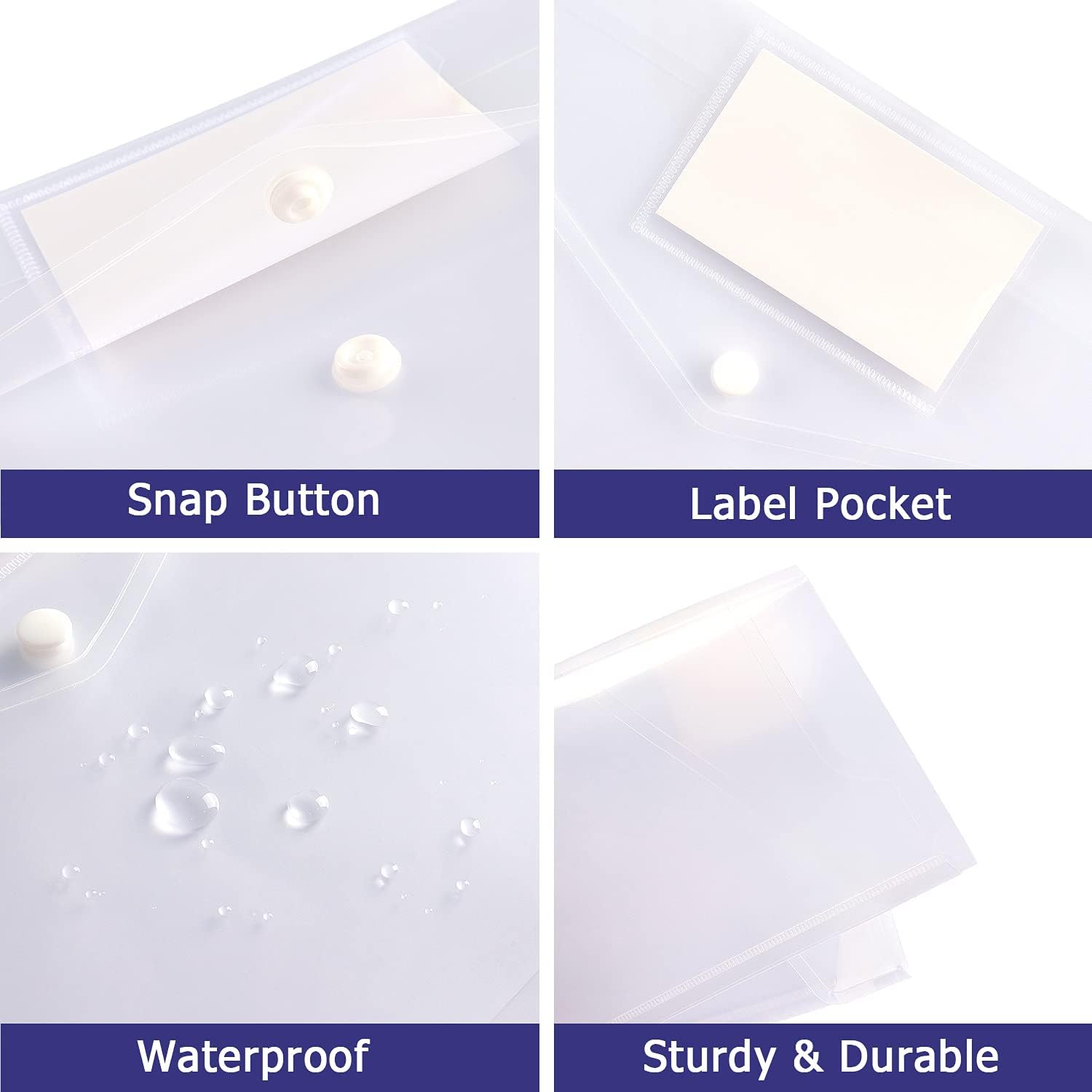 6 Pack Clear Document Folders Plastic Envelopes Poly Envelopes File Envelopes with Label Pocket and Snap Button for Home Work Office Organization, Letter Size/A4 Size, White