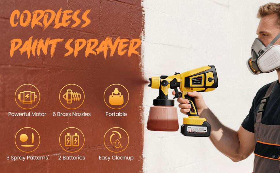 2025 Sprayer with 650W Copper Motor, Sprayer Gun with 6 Brass Nozzles, 2 Batteries & 1000ml Container, Sprayer for Painting Graffiti Fence Wall