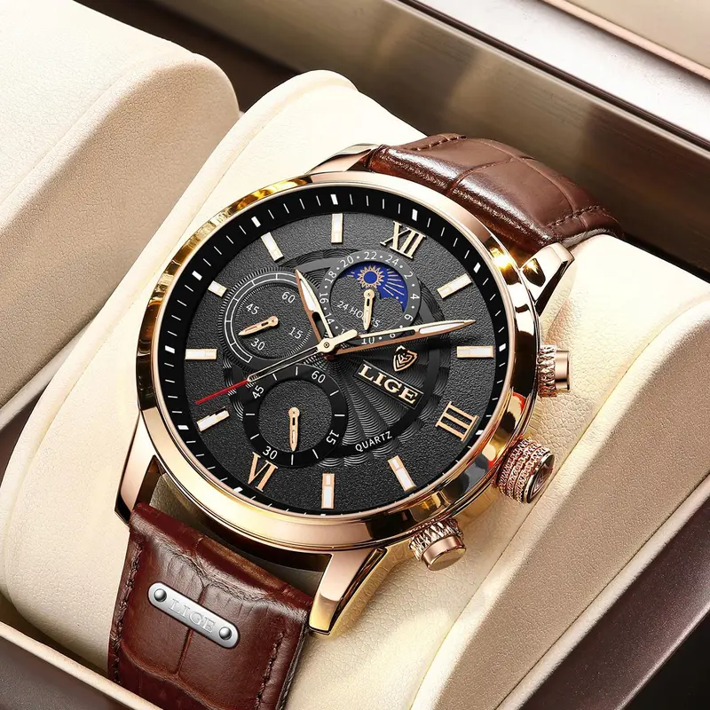 Men's Business Fashion Round Dial Analog Quartz Wrist Watch, Summer 2024 Casual Pu Leather Strap Watch, Perfect Gift for Men, with Box #GLOBAL PICKS