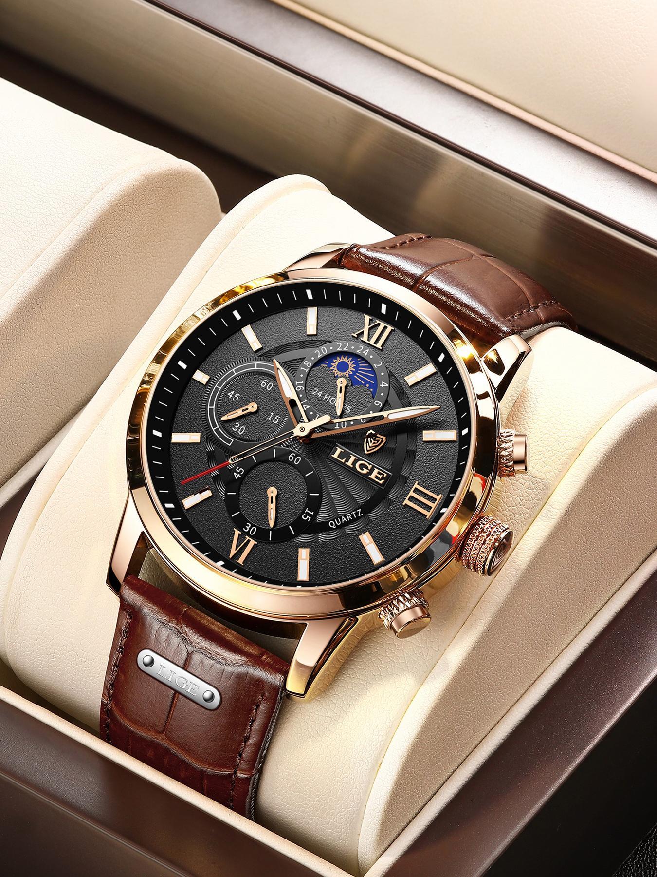 Men's Business Fashion Round Dial Analog Quartz Watch, Summer 2024 Casual Pu Leather Strap Watch, Perfect Gift for Men, with Box Men's Business Fashion Round Dial Analog Quartz Watch, Summer 2024 Casual Pu Leather Strap Watch, Perfect Gift for Men, with Box