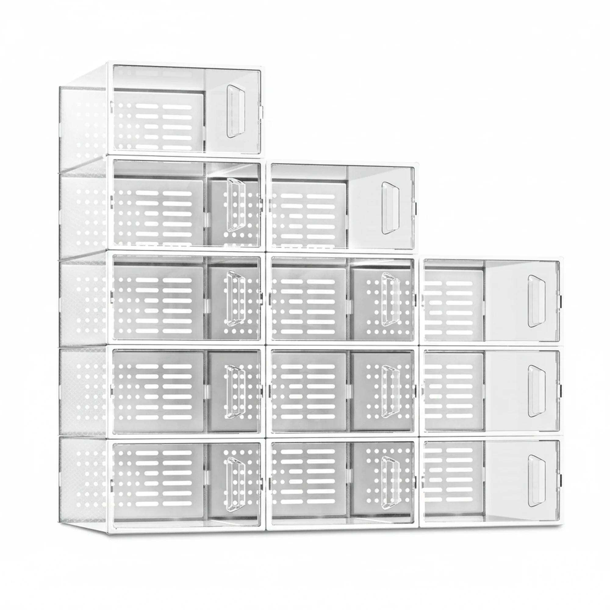 Stackable Shoe Storage Boxes with Lids, Modular Large Shoe Rack & Organizer Shelf, Transparent Front Panel for Easy Display & Identification, Breathable Hole Design to Keep Shoes Fresh, Sturdy Interlocking Structure for Customizable Storage