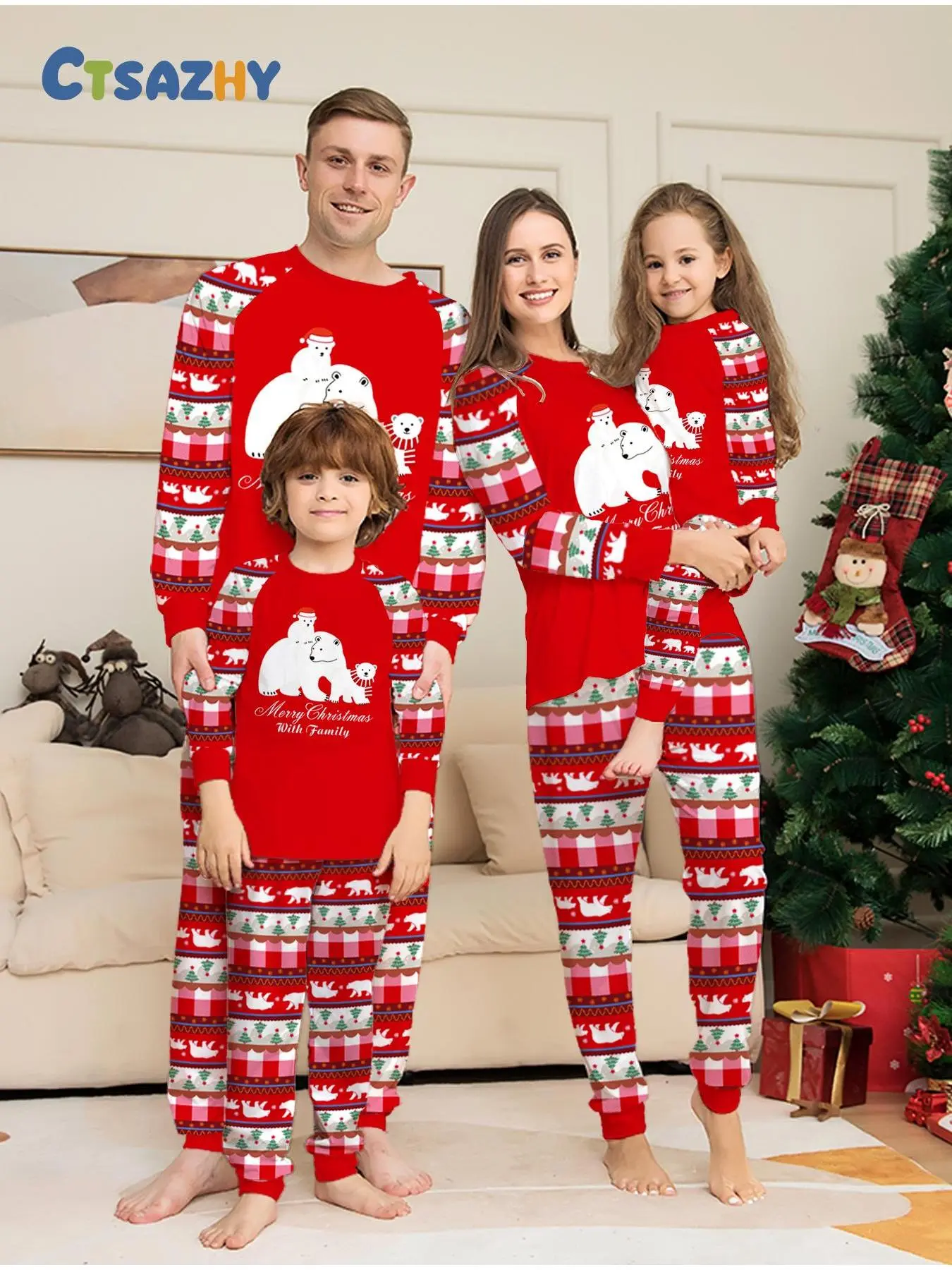 Family Christmas Pajama Set, Fair Isle Sleeve Polar Bear Print, Soft Knit Homewear, Breathable Long Sleeve Sleepset, Festive Gift