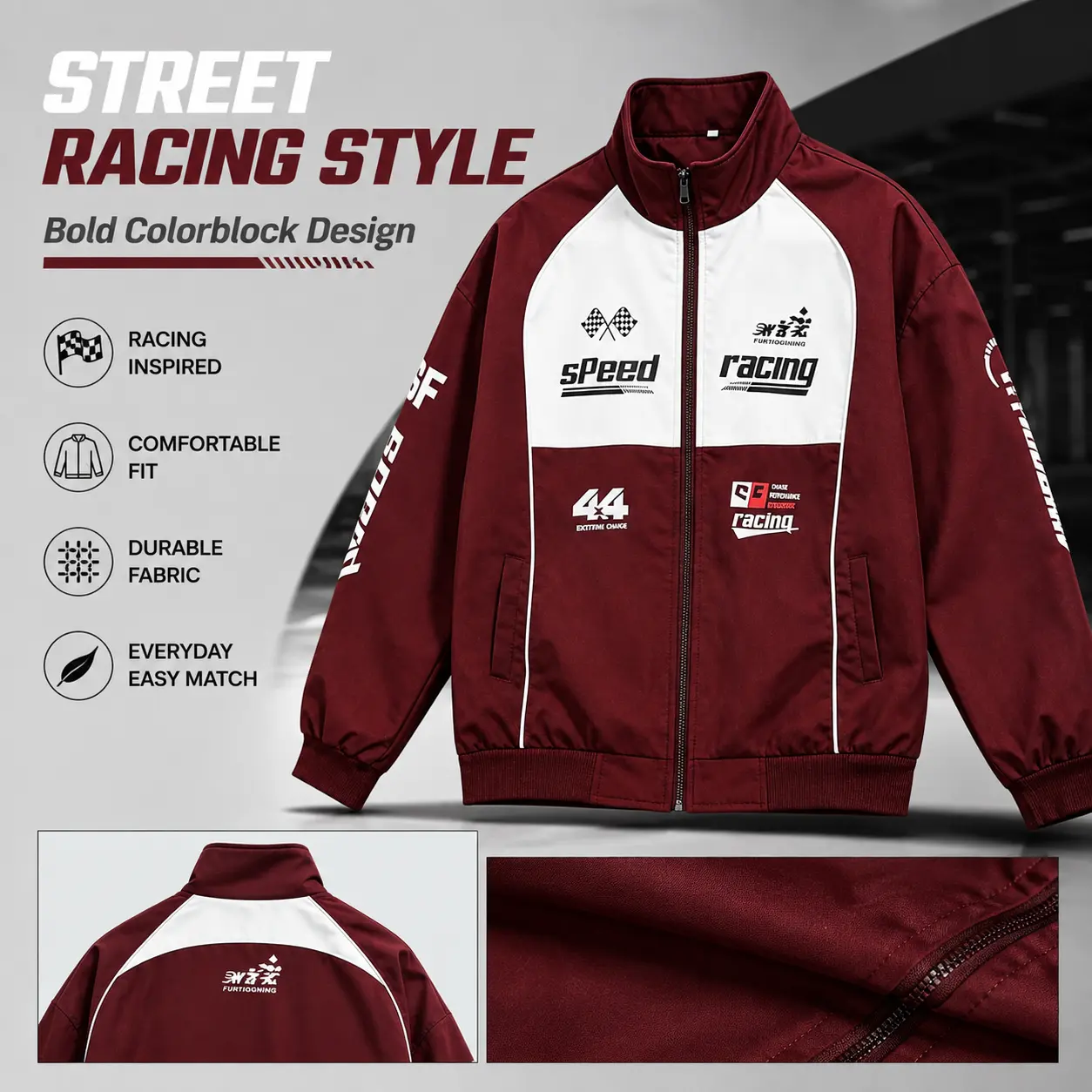 Men’s Burgundy White Racing Graphic Zip Up Jacket, Casual Streetwear Outerwear with Stand Collar, Sporty Chest Print, Sleeve Graphic Detail, Side Pockets, Ribbed Cuffs and Hem for Daily We