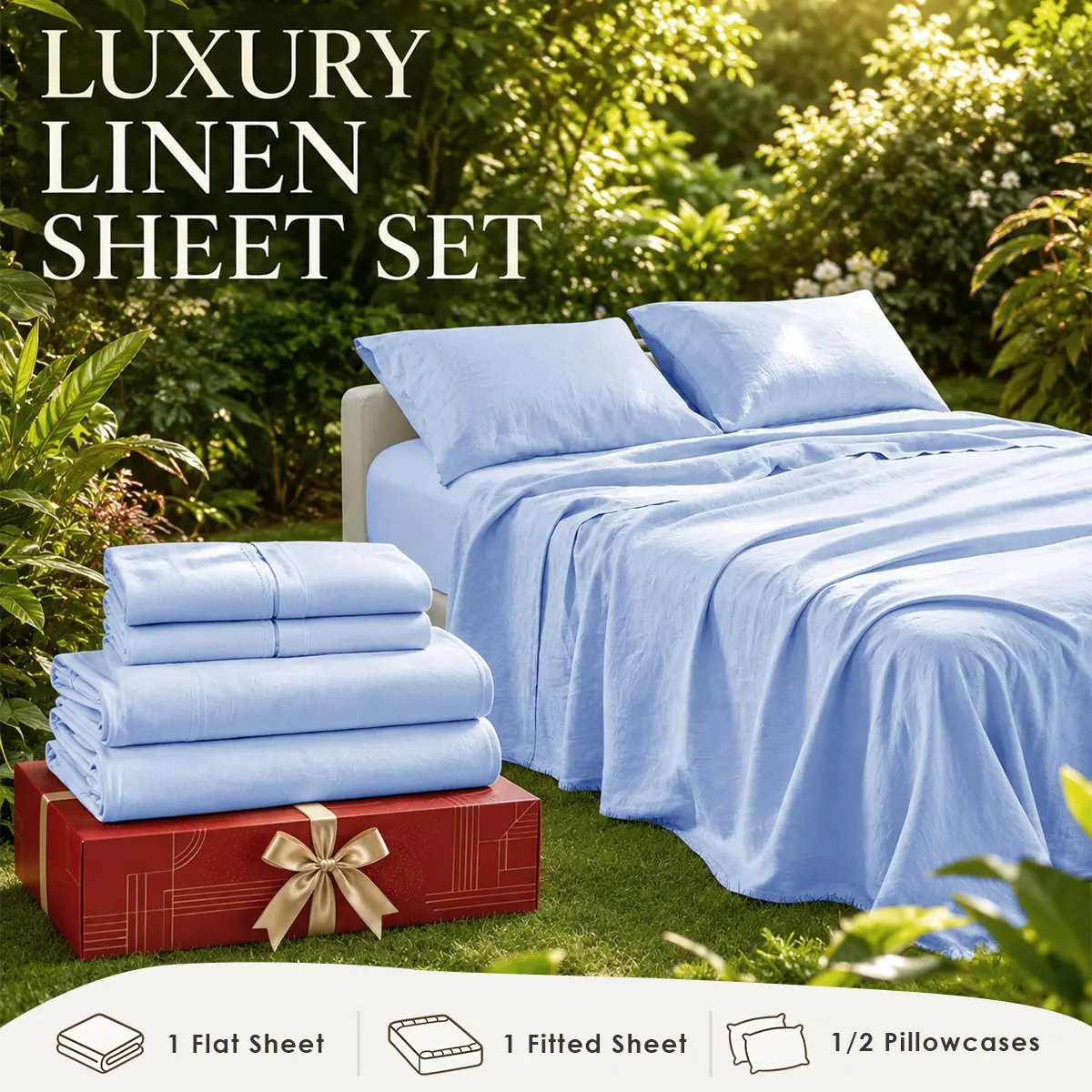 GOHOME Luxury Linen Sheet Set, Ultra Soft, Breathable, Cooling Linen Bedding Set, 16'' Deep Pocket, Twin Full Queen King Size, Anti-Wrinkle, Soft, Cloud-Like Touch Linen Bedding, Perfect for College Dorm Room & Student Gift