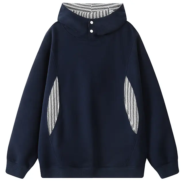 Men'S Japanese-Style Retro Houndstooth Patchwork Half-High Collar Hooded Sweatshirt, Double-Button Stand-Up Collar With Contrasting Color Plaid Patchwork Long-Sleeve Pullover, Suitable For Commuting And Casual Wear, Also Suitable For Couples#Sohochic